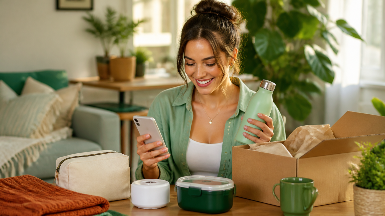 Smiling shopper comparing useful home products before making a purchase