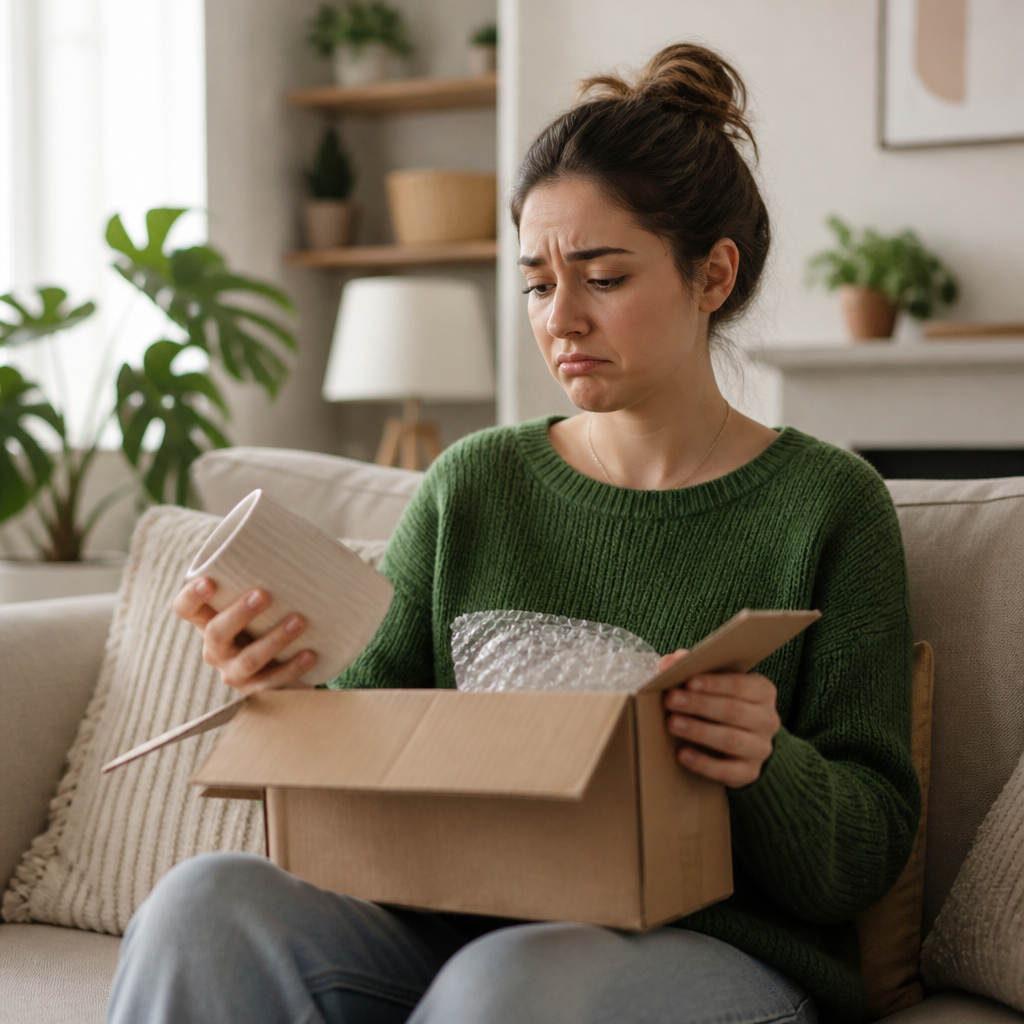 Disappointed shopper opening an online order that did not meet expectations