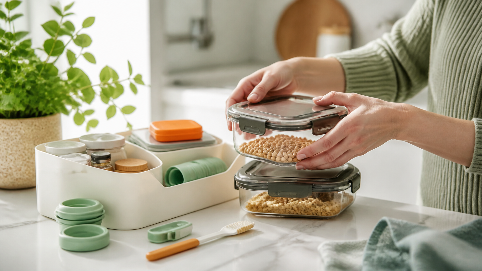 Hands demonstrating practical home organization products for a video review